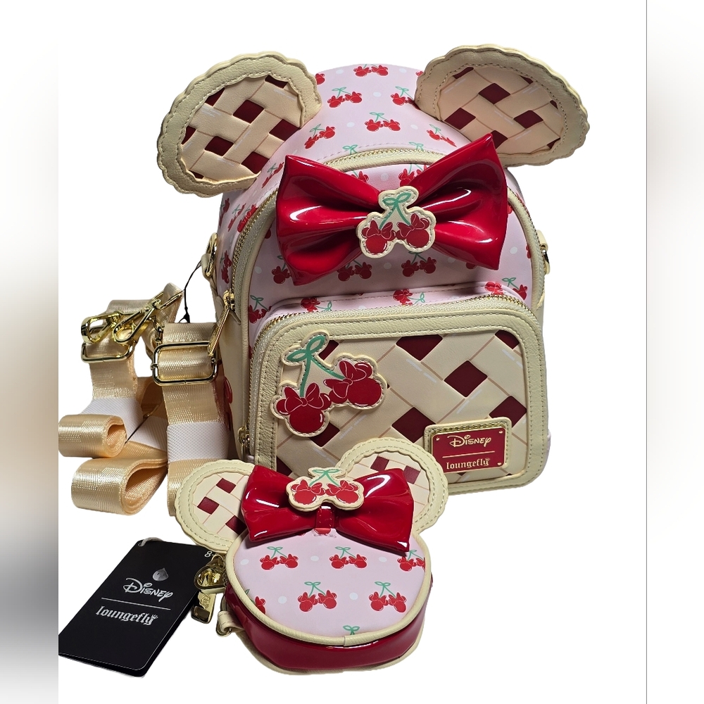 Loungefly Pink Cherry Patchwork Minnie Mouse Ear Backpack with Red Bow